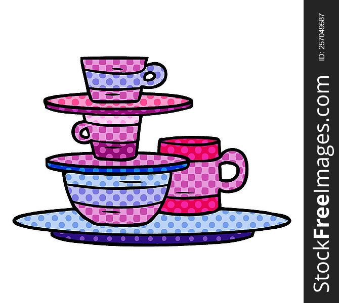 hand drawn cartoon doodle of colourful bowls and plates