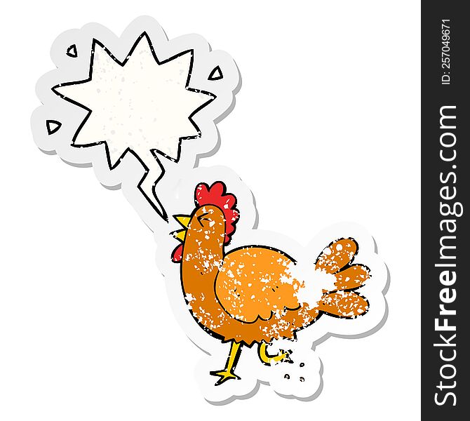 cartoon rooster with speech bubble distressed distressed old sticker. cartoon rooster with speech bubble distressed distressed old sticker