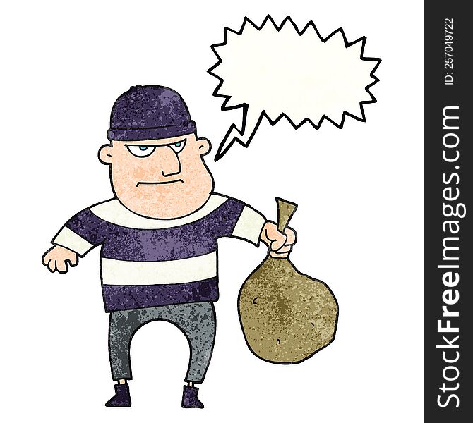 freehand speech bubble textured cartoon burglar with loot bag