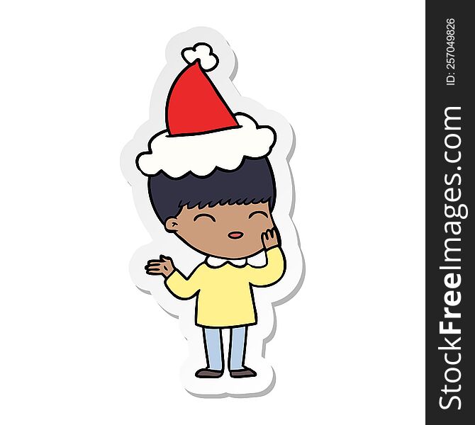 Happy Sticker Cartoon Of A Boy Wearing Santa Hat