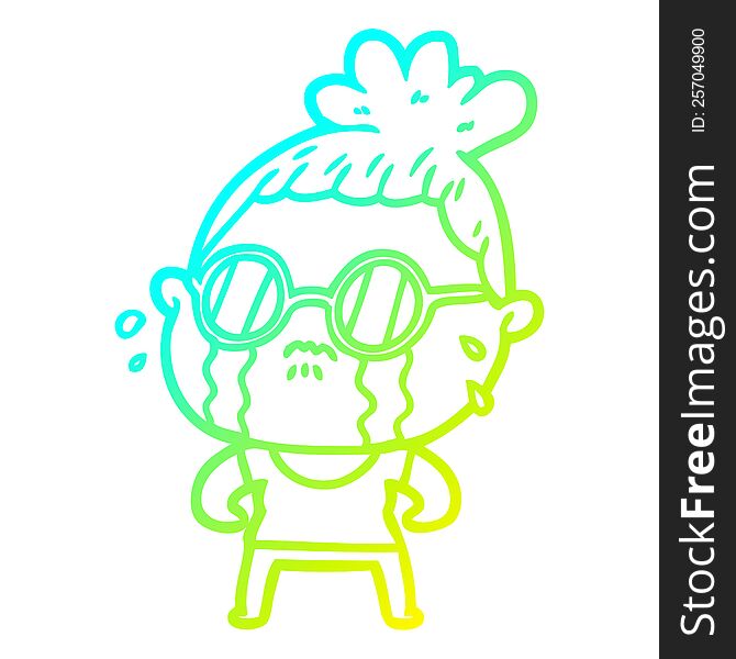 cold gradient line drawing of a cartoon crying woman wearing sunglasses