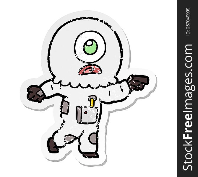 Distressed Sticker Of A Cartoon Cyclops Alien Spaceman Pointing
