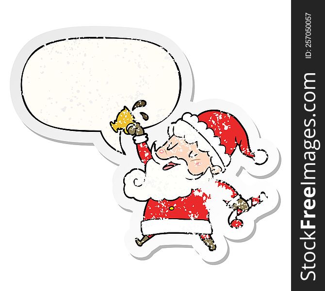 cartoon santa claus with hot cocoa with speech bubble distressed distressed old sticker. cartoon santa claus with hot cocoa with speech bubble distressed distressed old sticker