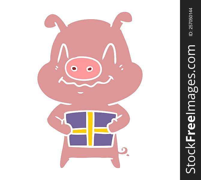 nervous flat color style cartoon pig with present