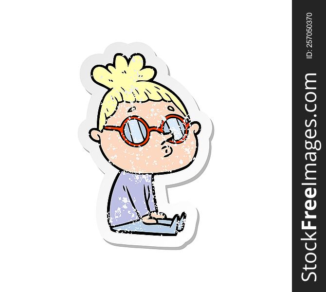 distressed sticker of a cartoon woman wearing glasses