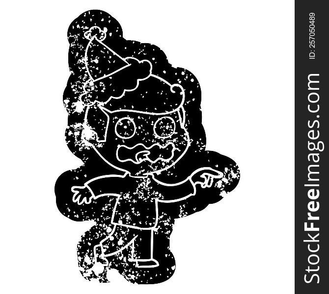 quirky cartoon distressed icon of a stressed out pointing wearing santa hat