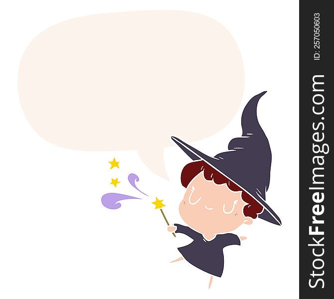 cute cartoon witch casting spell with speech bubble in retro style
