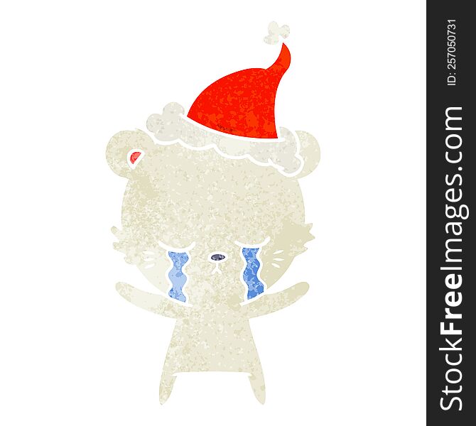 crying retro cartoon of a polarbear wearing santa hat