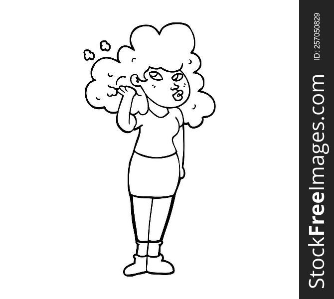 line drawing cartoon girl playing with hair