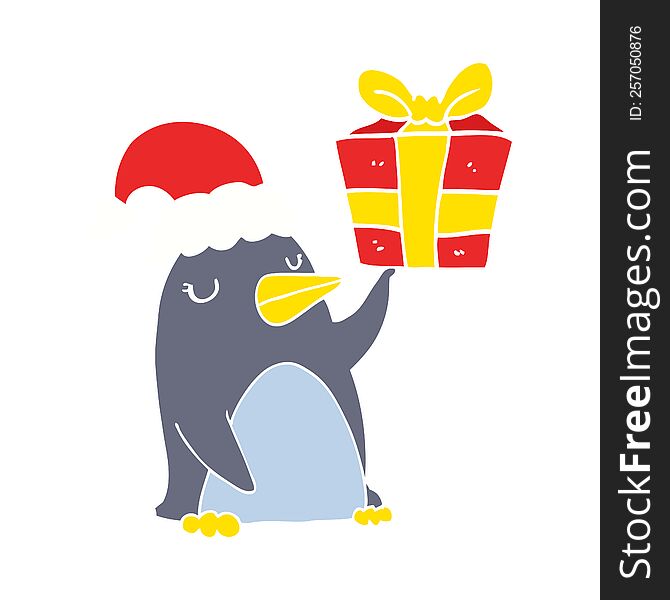flat color style cartoon penguin with christmas present