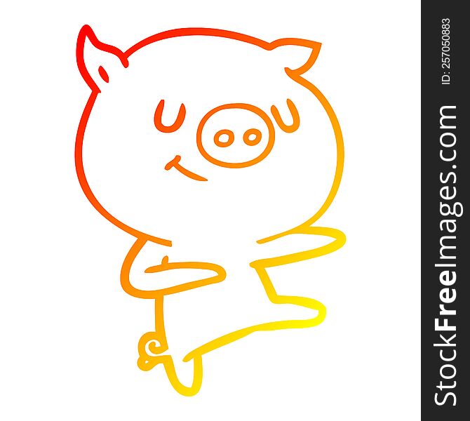 warm gradient line drawing of a happy cartoon pig dancing