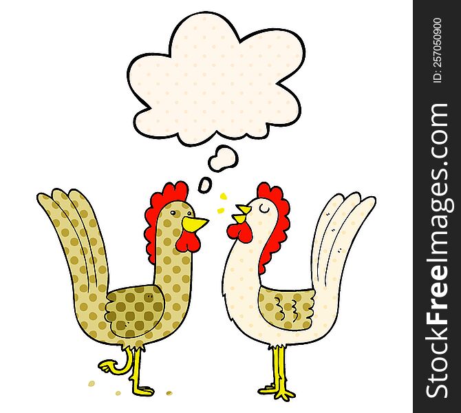 Cartoon Chickens And Thought Bubble In Comic Book Style