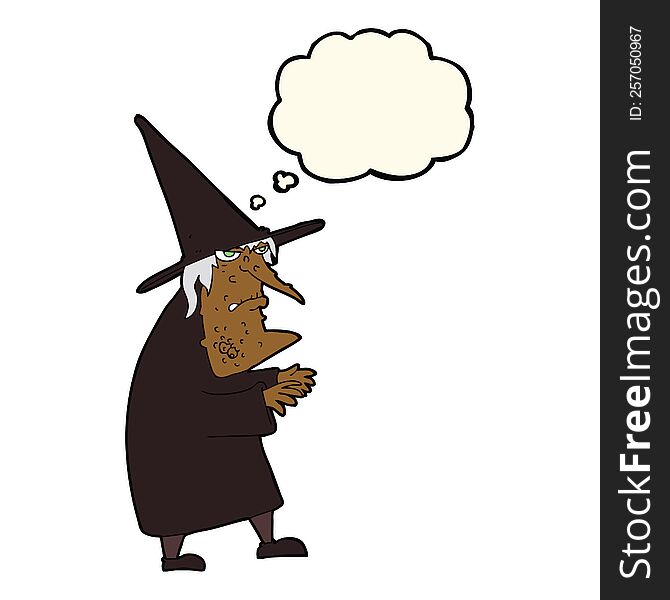 Cartoon Ugly Old Witch With Thought Bubble