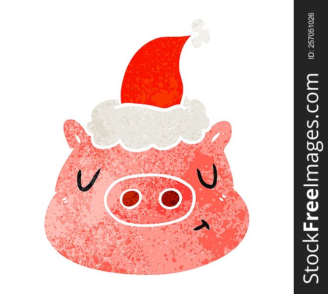 Retro Cartoon Of A Pig Face Wearing Santa Hat