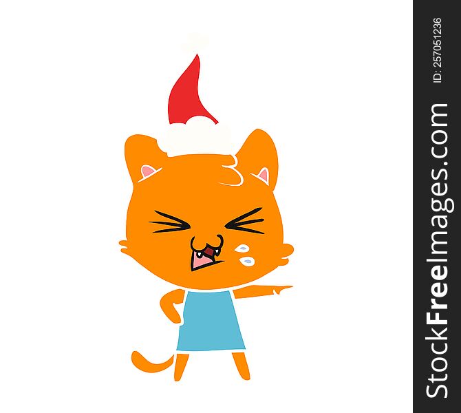 Flat Color Illustration Of A Hissing Cat Wearing Santa Hat