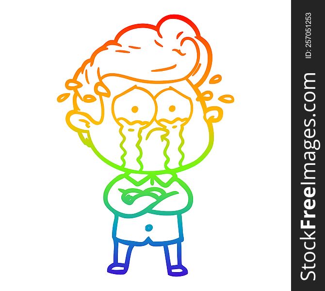 rainbow gradient line drawing of a cartoon crying man with crossed arms