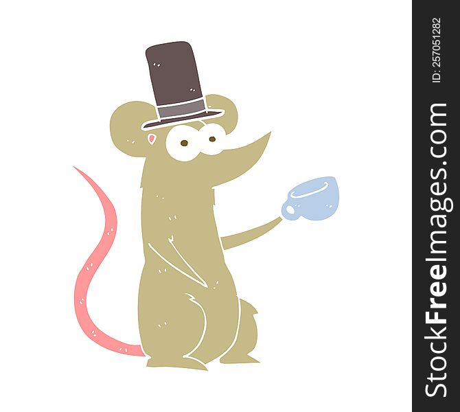flat color illustration of mouse with cup and top hat. flat color illustration of mouse with cup and top hat