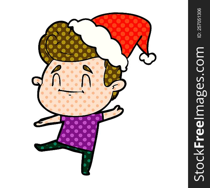 Happy Comic Book Style Illustration Of A Man Wearing Santa Hat