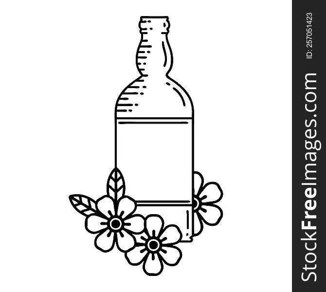 tattoo in black line style of a rum bottle and flowers. tattoo in black line style of a rum bottle and flowers