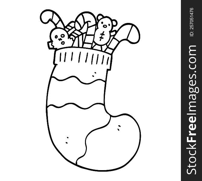 Line Drawing Cartoon Christmas Stocking Full Of Toys