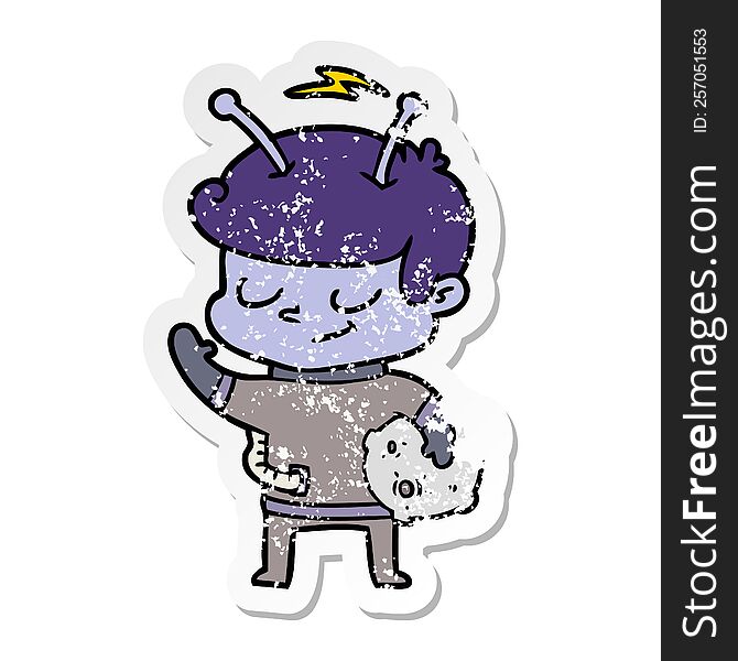distressed sticker of a friendly cartoon spaceman holding meteor