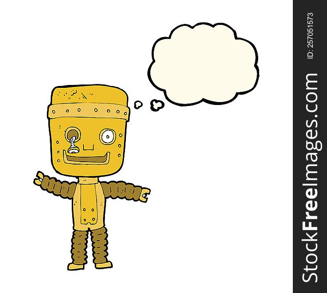 cartoon funny gold robot with thought bubble