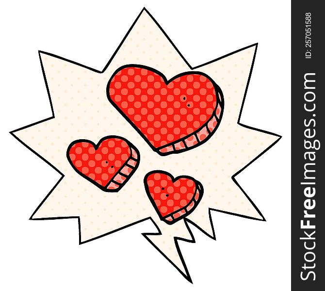 cartoon love hearts and speech bubble in comic book style