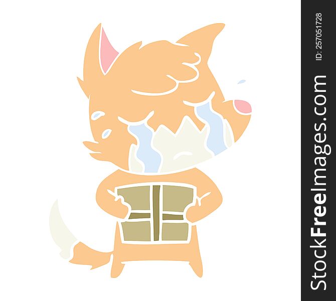 Crying Fox Flat Color Style Cartoon With Parcel
