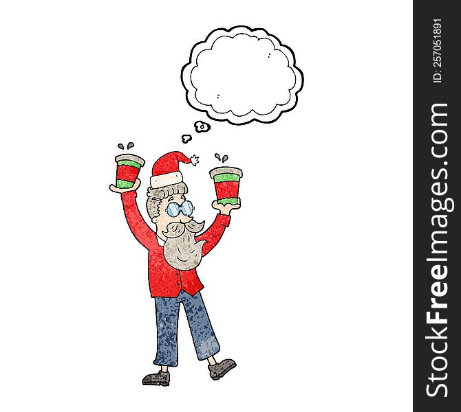 Thought Bubble Textured Cartoon Man With Coffee Cups At Christmas