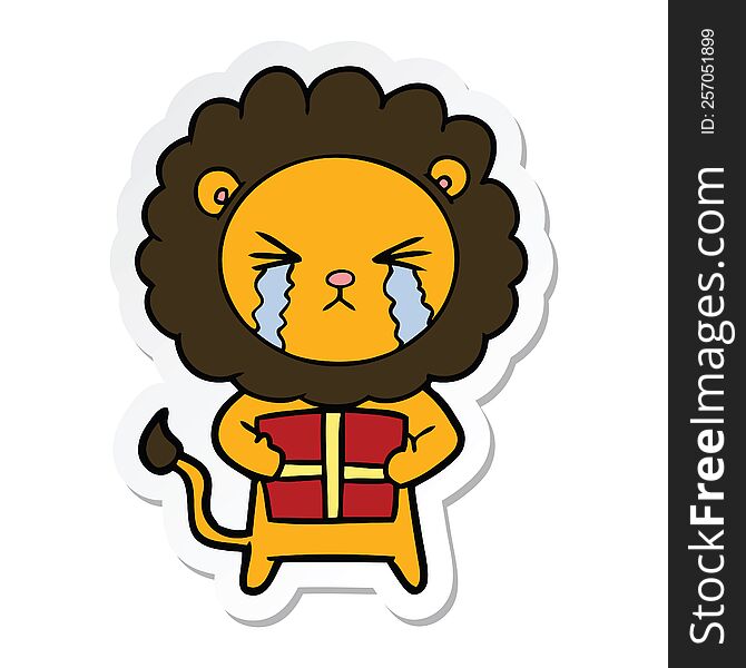 Sticker Of A Cartoon Crying Lion With Gift