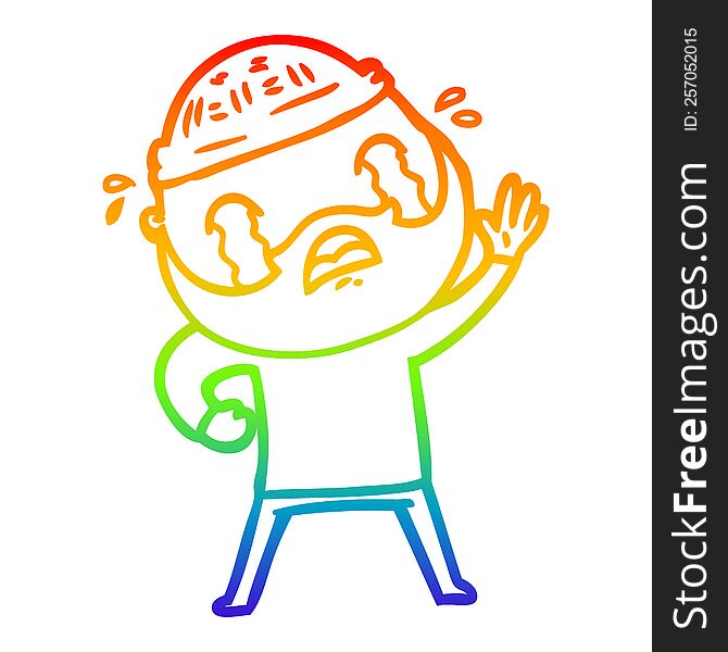 Rainbow Gradient Line Drawing Cartoon Bearded Man Waving And Crying