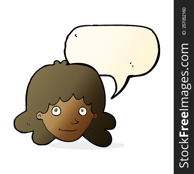 cartoon happy female face with speech bubble