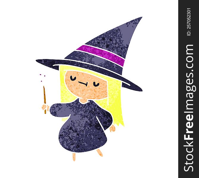 retro cartoon of a cute kawaii witch girl