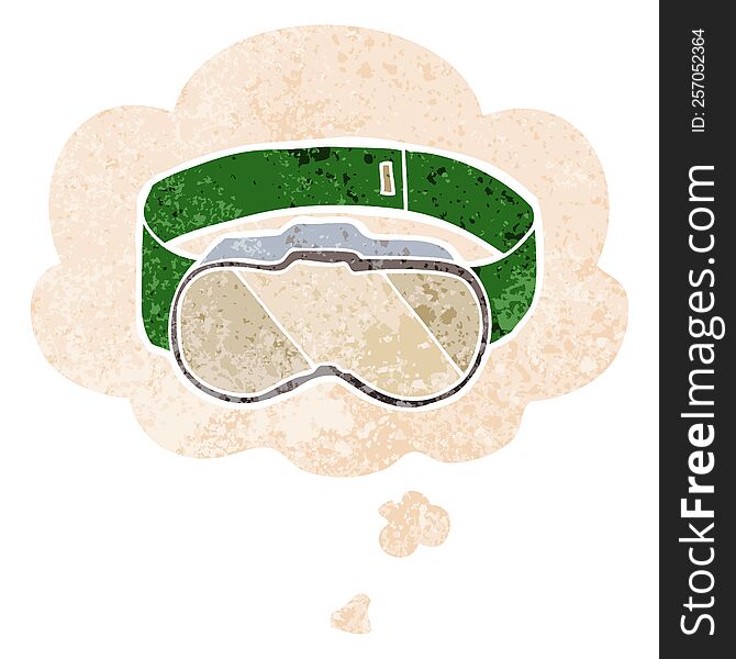cartoon goggles with thought bubble in grunge distressed retro textured style. cartoon goggles with thought bubble in grunge distressed retro textured style