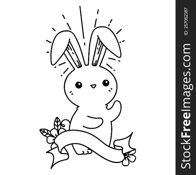 scroll banner with black line work tattoo style cute bunny