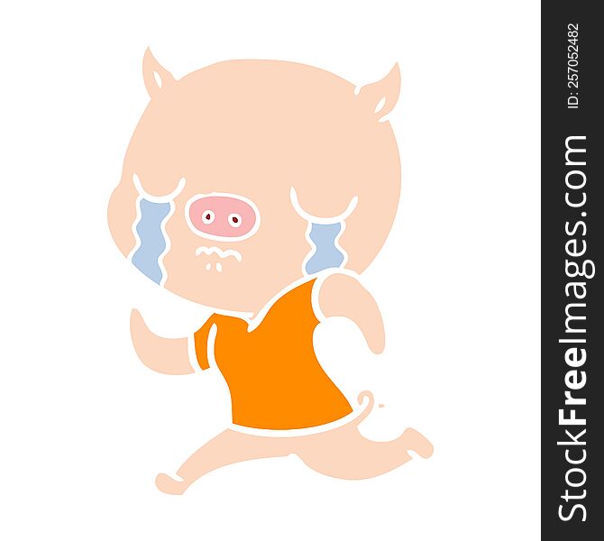 flat color style cartoon pig crying running away