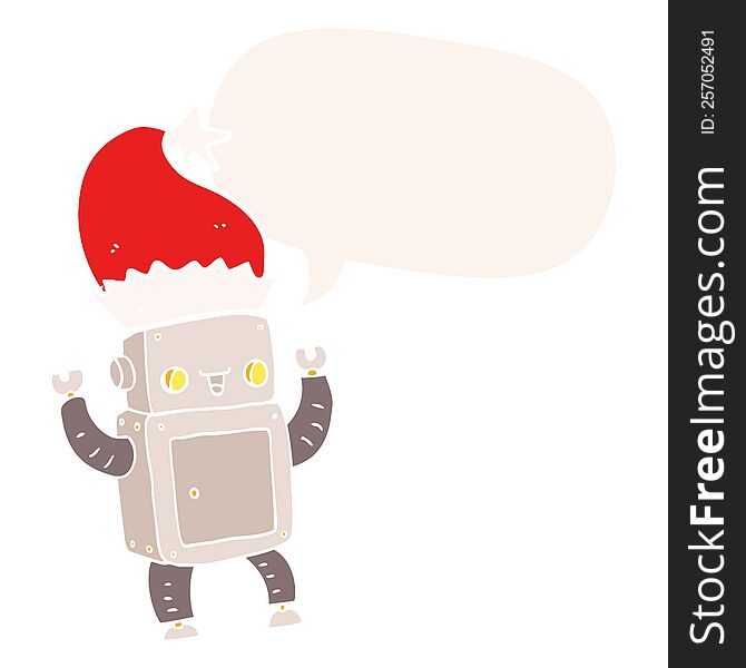 Cartoon Christmas Robot And Speech Bubble In Retro Style