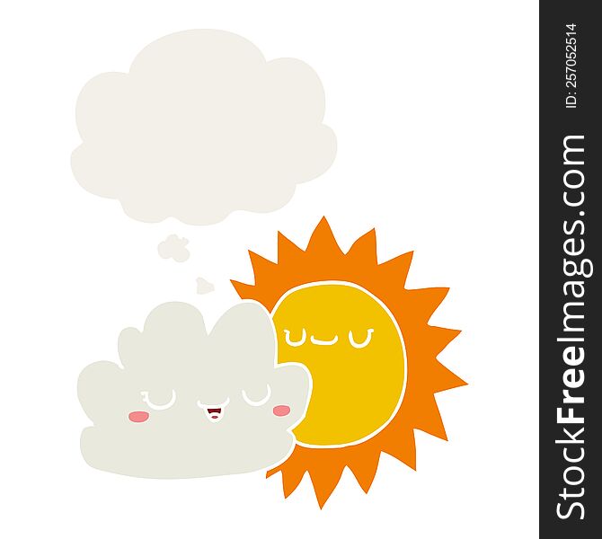 cartoon sun and cloud with thought bubble in retro style