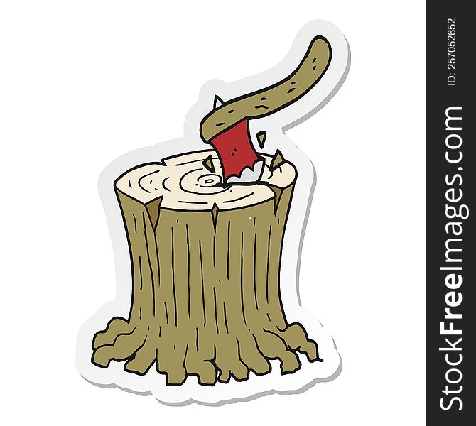 sticker of a cartoon axe in tree stump