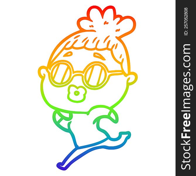 rainbow gradient line drawing of a cartoon woman running wearing sunglasses