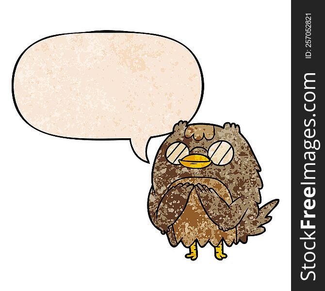 cute cartoon wise old owl and speech bubble in retro texture style