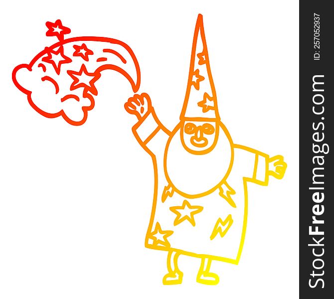 warm gradient line drawing of a cartoon wizard casting spell