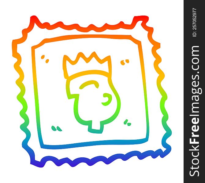 rainbow gradient line drawing of a cartoon stamp with royal face