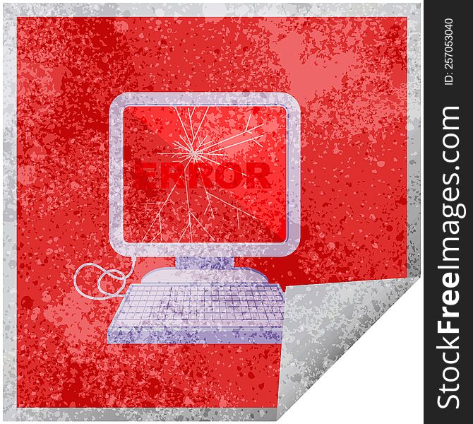 broken computer graphic vector illustration square sticker. broken computer graphic vector illustration square sticker