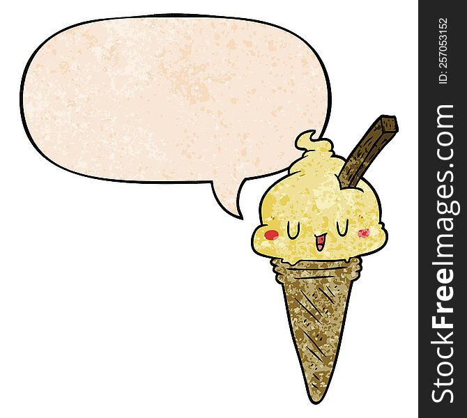 Cute Cartoon Ice Cream And Speech Bubble In Retro Texture Style