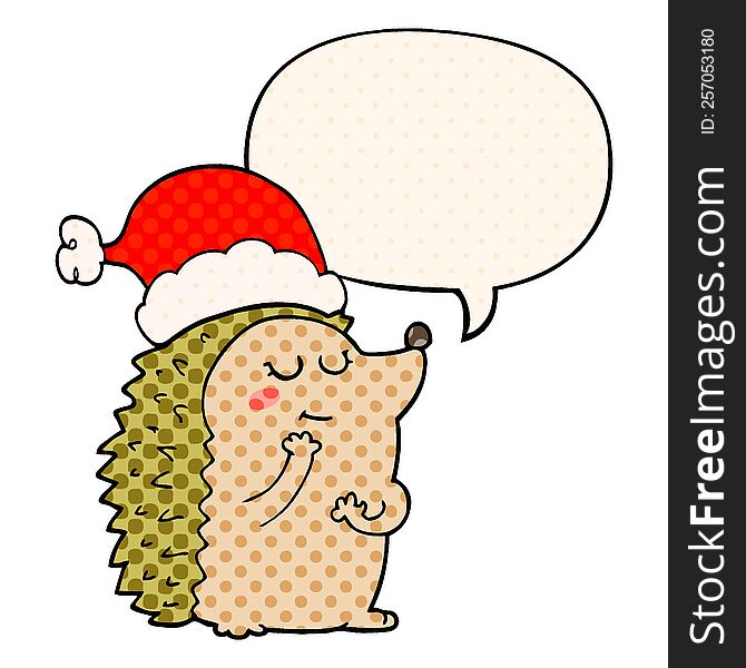 cartoon hedgehog wearing christmas hat with speech bubble in comic book style