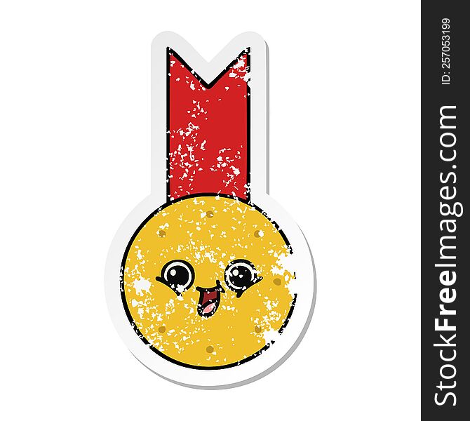 distressed sticker of a cute cartoon gold medal