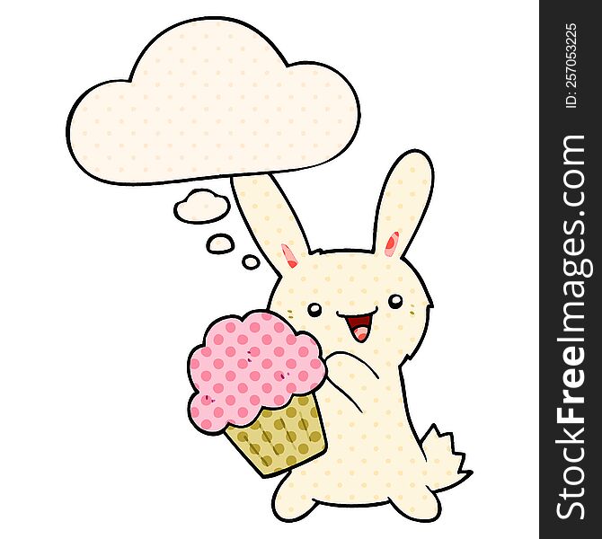 cute cartoon rabbit with muffin with thought bubble in comic book style