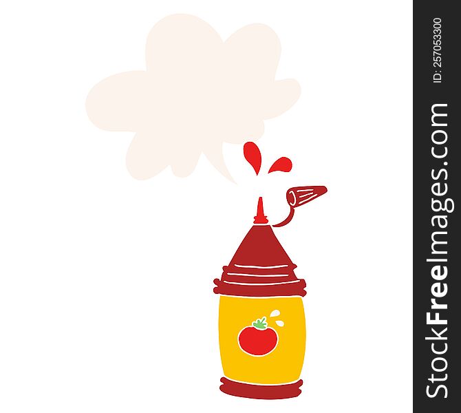 cartoon ketchup bottle with speech bubble in retro style