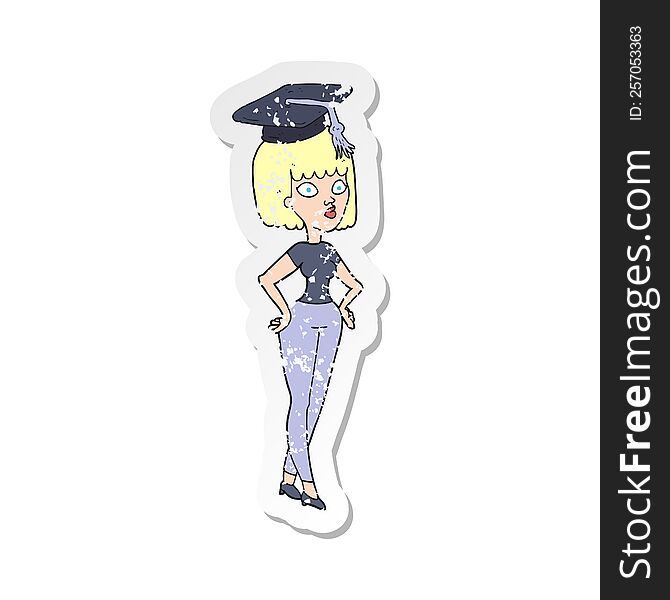 retro distressed sticker of a cartoon woman with graduation cap